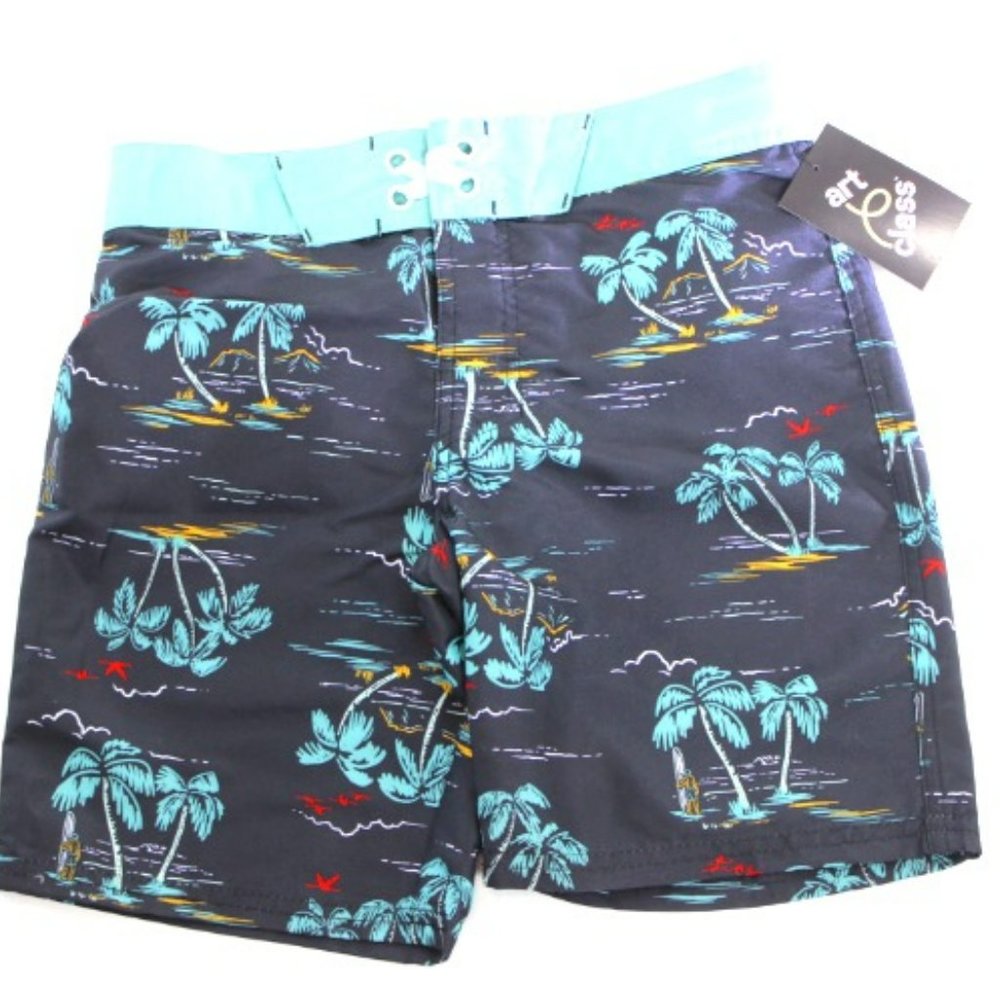art class Boys' Navy Tropical Palm Print Shorts with Aqua Waistband